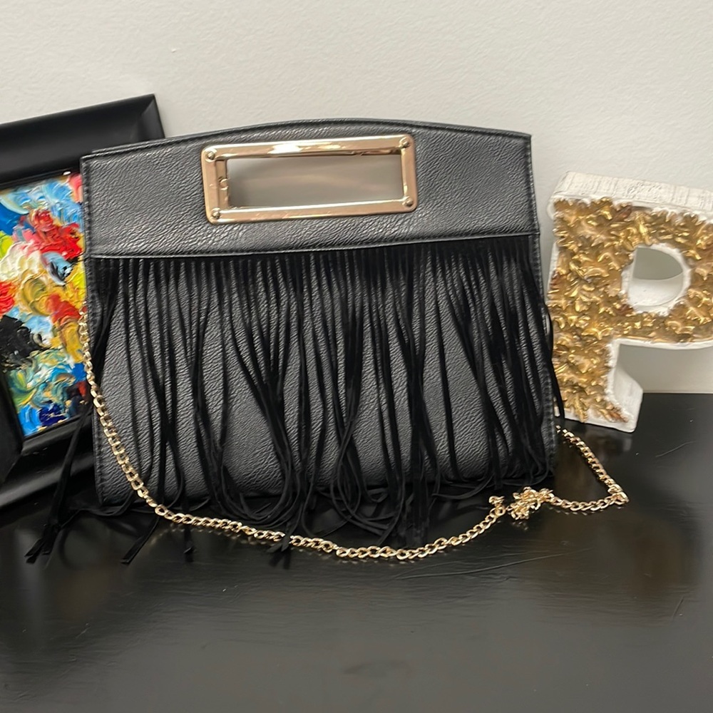 Black Fringe Handle Clutch Purse